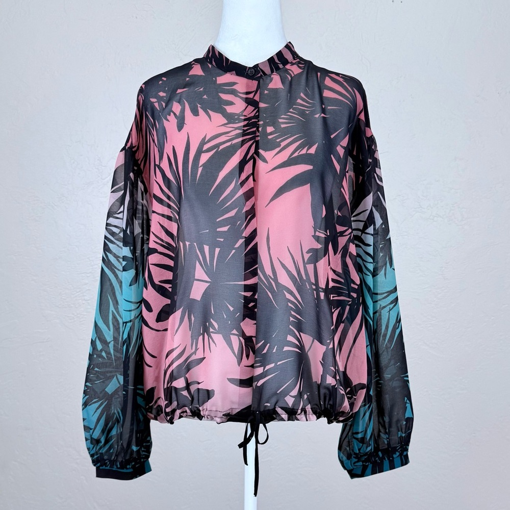 Blue Les Copains Sheer Split Neck Blouse Antique Rose Teal Tropical Print 48 12
